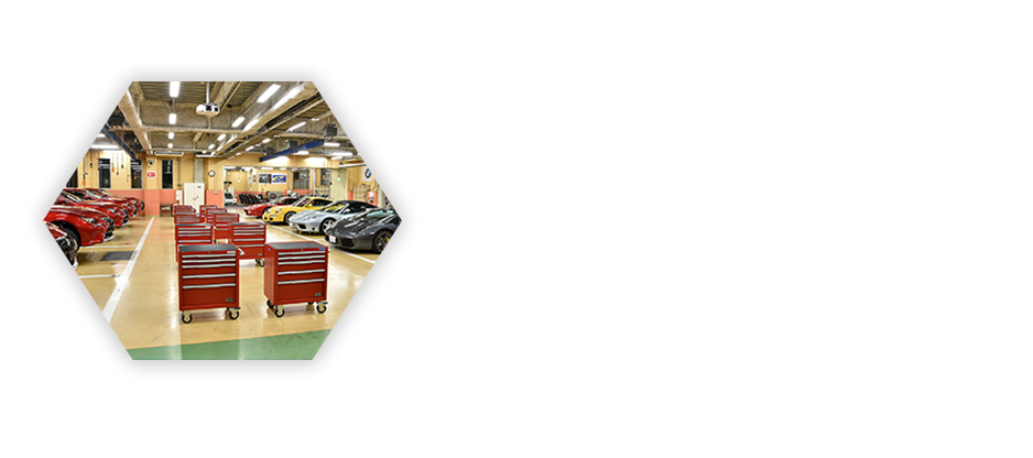 豊富な車種 GTRやフェラーリ、電気自動車のテラスをはじめ、国内・国外メーカーの最新、希少な実習を完全完備。一台丸ごと「いじる」経験が自信になります。 校舎は実際のディーラー工場をイメージし、1階は地面を掘り下げ天井を高くして10tトラックも余裕で入るスペースを確保。メーカー系自動車大学校では実現できない国内外メーカーの車200台以上も揃えています。